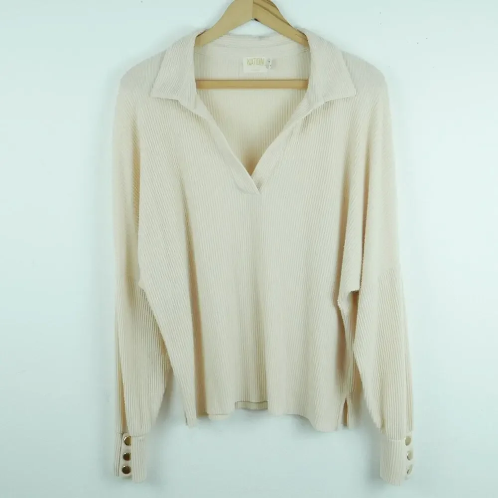 Nation LTD Scout Easy Collared‎ Henley Top Large Cream Minimal Relaxed Classic